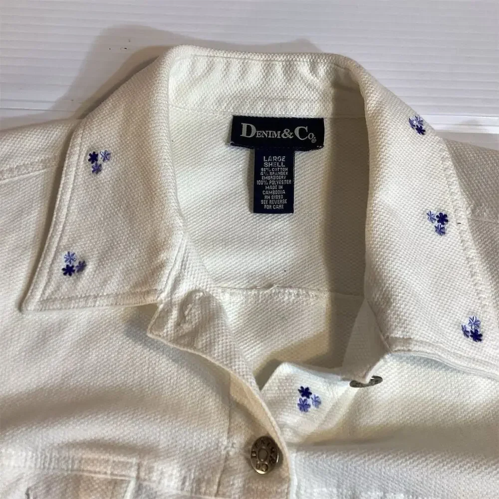Denim &‎ Co Women's Ivory Floral Embroidered Denim Jacket Size L